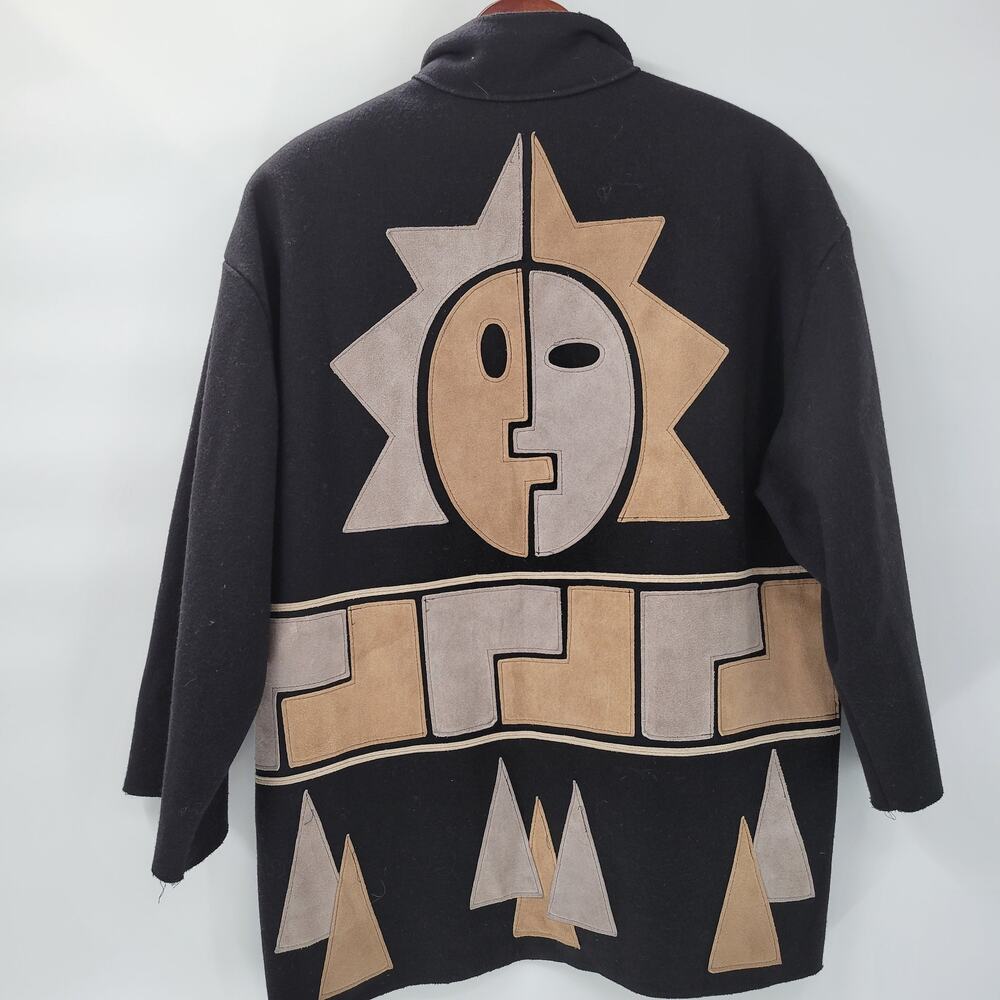 Vintage Osgood Smük Jacket Womens‎ OS Black Felted Wool Beige Suede Sun Coat 80s
